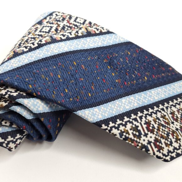Vintage Superba Tie Blue Textured Woven Striped Geometric Aztec Bitmap Image - Picture 2 of 5